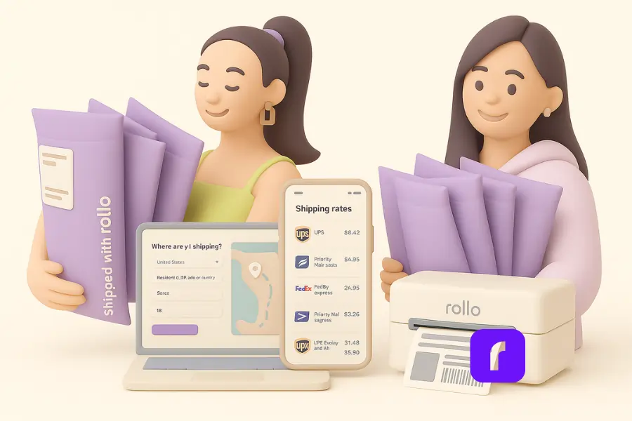 A 3D-style pastel illustration featuring two women holding lavender shipping mailers, surrounded by a laptop, smartphone, and a Rollo thermal printer. The laptop displays a shipping map, the smartphone shows shipping rates, and the printer has a shipping label. The women are smiling, wearing casual clothes, and the background is a soft cream color with minimal shadows and smooth, rounded objects.